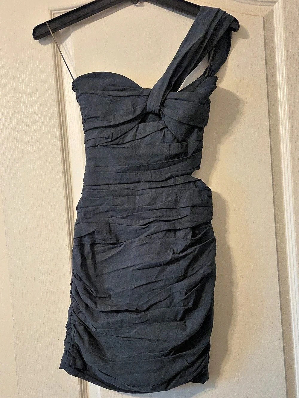 Zara Asymmetric Linen Blend Dress Ruched One-Shoulder Mini Black XS